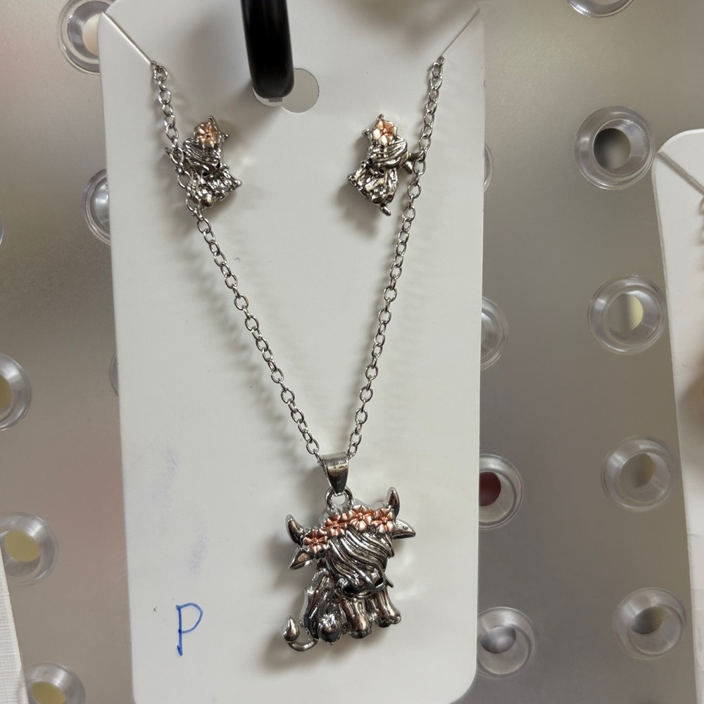 Silver and Gold Bull Pendant Necklace and Earring Set